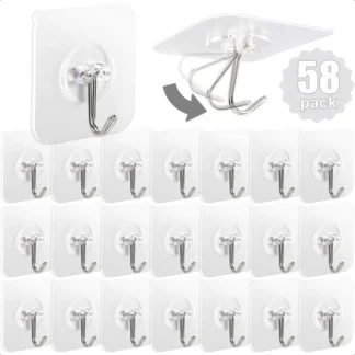 Ganchos adhesivos para colgar, 58 paquetes, ganchos de pared autoadhesivos resistentes, 20 libras, 9 kg de máx., gancho impermeable extraíble para Bedr
