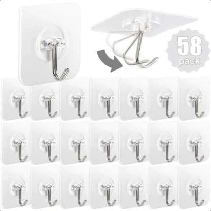 Ganchos adhesivos para colgar, 58 paquetes, ganchos de pared autoadhesivos resistentes, 20 libras, 9 kg de máx., gancho impermeable extraíble para Bedr