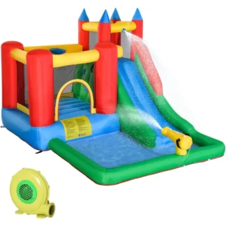 Tobogán acuático inflable Outsunny 6 en 1 para niños con piscina, cañón de agua, pared trepadora, inflador incluido