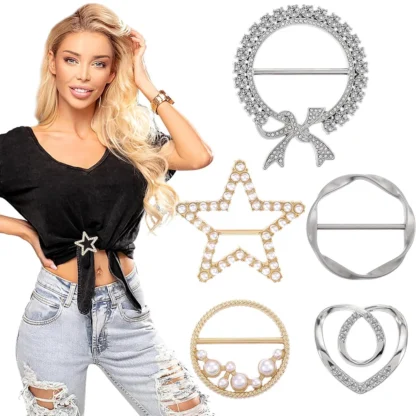 5 uds bufanda anillo Clip Clips para camiseta Metal redondo camiseta anillo de corbata diamantes de imitación perla Clips para camiseta hebilla ropa anillo envoltura titular