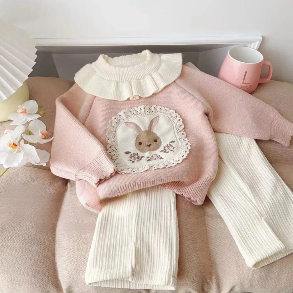 Adecuado para niñas de 0 a 6 años, conjunto deportivo informal de algodón, Otoño Invierno, sudadera gruesa y cálida con capucha de conejo de dibujos animados + Pantalones, 2 conjuntos