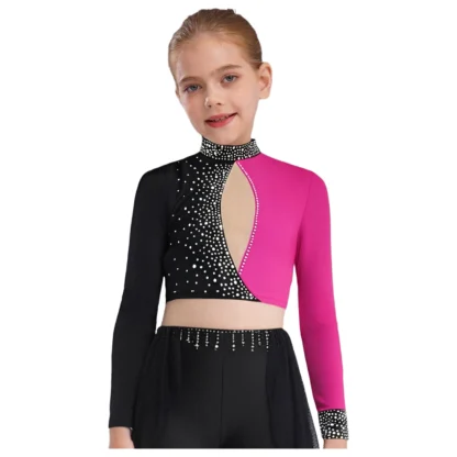 Top de baile lírico para niñas, Ropa de baile para gimnasia, patinaje artístico, Top corto de manga larga con abertura en la espalda, bloque de Color, diamantes de imitación brillantes