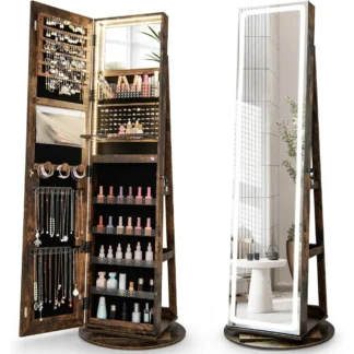 360 °   Gabinete de joyería giratorio con luces LED de 3 colores, organizador de gabinete de joyería con cerradura y espejo de longitud completa, espejo de maquillaje