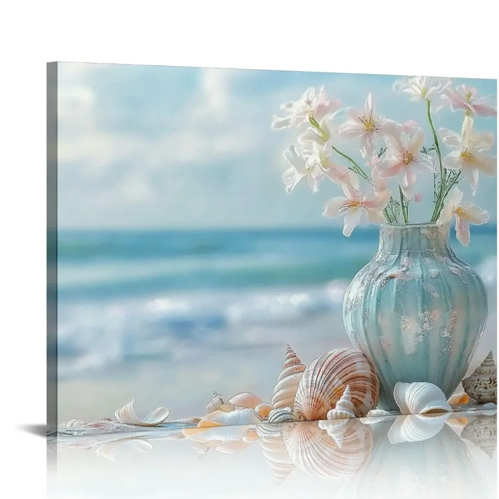 Lienzo de felicidad costera, escena de playa con flores, estrella de mar y conchas marinas para decoración de pared de salón y dormitorio, 1 ud.