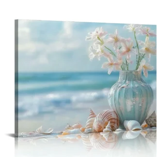 Lienzo de felicidad costera, escena de playa con flores, estrella de mar y conchas marinas para decoración de pared de salón y dormitorio, 1 ud.
