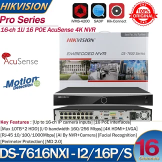 Hikvision-grabador de vídeo en red, dispositivo NVR de 16 canales, 4K, DS-7616NXI-I2/16 P/S, entradas de cámara de 16 canales, compatible con cámara de terceros