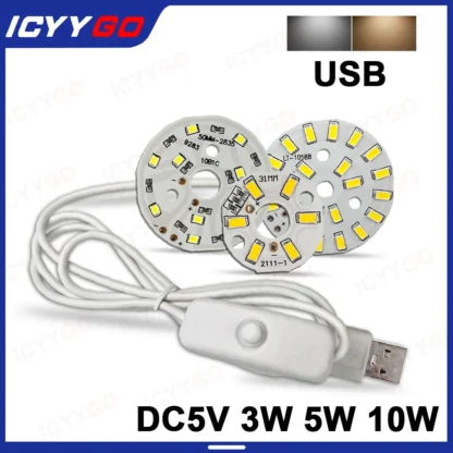 Placa de luz LED USB 3W 5W 10W DC5V 5730 2835 SMD, chip LED, luz blanca cálida con interruptor de encendido/apagado, cable, fuente de luz, placa de luz