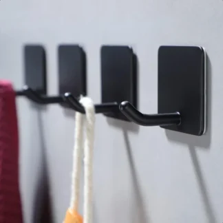 Ganchos adhesivos para toallas, paquete de 4 ganchos para colgar batas, ganchos para abrigos, ganchos de pared de acero inoxidable, negro mate