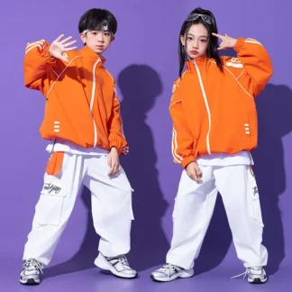 Conjunto de disfraz de baile callejero de jazz para niños, chaqueta de manga larga naranja y pantalones blancos.