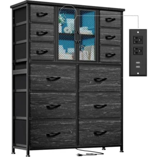 Cómoda alta con 12 cajones para dormitorio con estación de carga y puerta de malla, cómoda de tela negra, 11,8" de profundidad x 37,8" de ancho x 50,6" de alto
