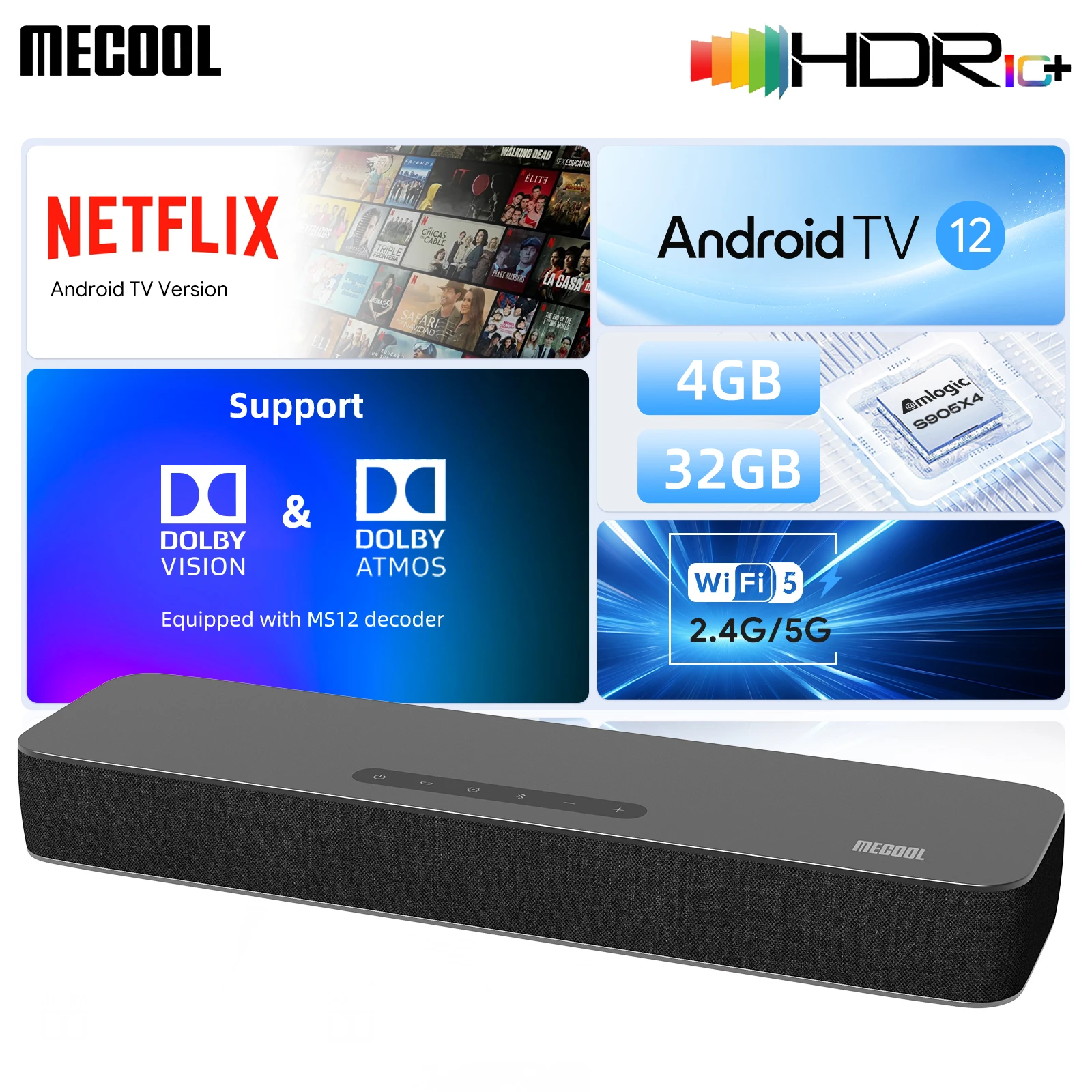 Barra de sonido MECOOL Android 12 con certificación por Google Netflix Dolby Atmos Dolby Vision 4 + 32G sonido envolvente cine multimedia en casa