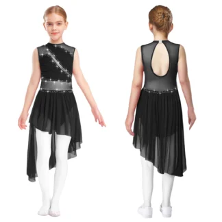 Vestido de baile de Ballet para niñas, Ropa de baile de patinaje sobre hielo, espalda abierta, dobladillo asimétrico, vestido de leotardo de gimnasia transparente con diamantes de imitación