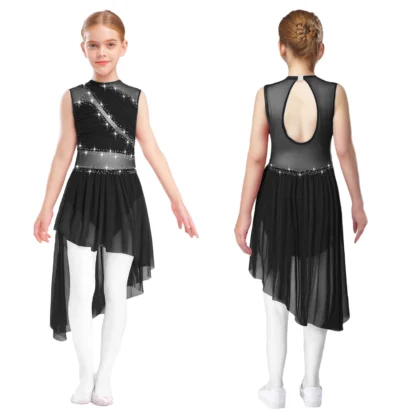 Vestido de baile de Ballet para niñas, Ropa de baile de patinaje sobre hielo, espalda abierta, dobladillo asimétrico, vestido de leotardo de gimnasia transparente con diamantes de imitación