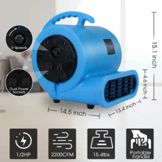 Ventilador secador de alfombras con certificación ETL de 1/2HP, soplador de aire de 2200CFM para secado en el hogar, ventilador de suelo portátil de cable largo de 15 pies