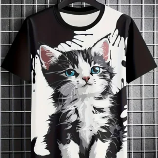 Camiseta holgada personalizada con cuello redondo, estilo lindo Kawaii, estampado de gatito de dibujos animados en 3D, manga corta, moda de verano