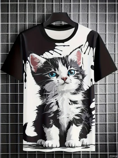 Camiseta holgada personalizada con cuello redondo, estilo lindo Kawaii, estampado de gatito de dibujos animados en 3D, manga corta, moda de verano