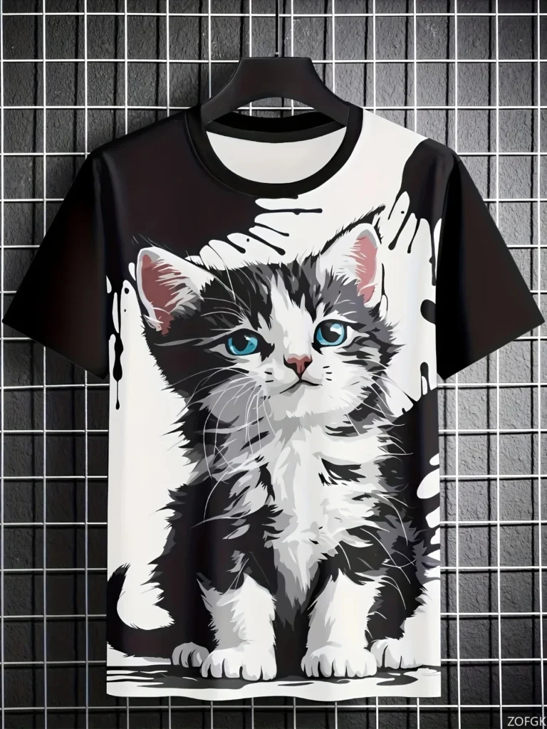 Camiseta holgada personalizada con cuello redondo, estilo lindo Kawaii, estampado de gatito de dibujos animados en 3D, manga corta, moda de verano