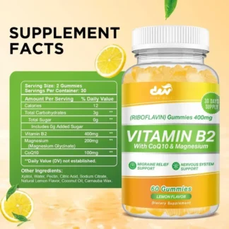 Gomitas de vitamina B2, suplementos de riboflavin, que contienen glicónato de magnesio y CoQ1, mejoran la energía, vegetariano sin azúcar