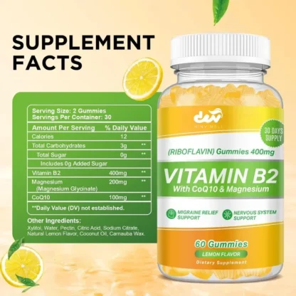 Gomitas de vitamina B2, suplementos de riboflavin, que contienen glicónato de magnesio y CoQ1, mejoran la energía, vegetariano sin azúcar