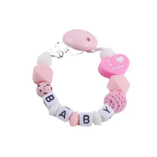 Clips para chupete de bebé con nombre personalizado, cadenas con forma de corazón, cuentas de silicona, mordedores, soporte para pezones, Clip, juguetes para la dentición para recién nacidos