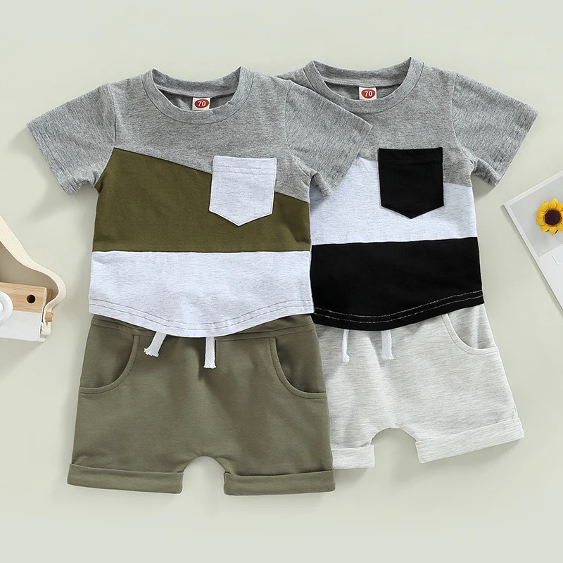 Conjunto de ropa de verano de 2 piezas para bebé, camisetas de manga corta con cuello redondo de Color contrastante, Tops, pantalones cortos de cintura elástica, conjunto informal
