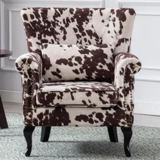 Silla decorativa moderna de mediados de siglo, sillón tapizado, cómodo sofá individual de tela con estampado de piel de vaca y respaldo capitoné