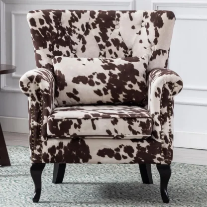 Silla decorativa moderna de mediados de siglo, sillón tapizado, cómodo sofá individual de tela con estampado de piel de vaca y respaldo capitoné