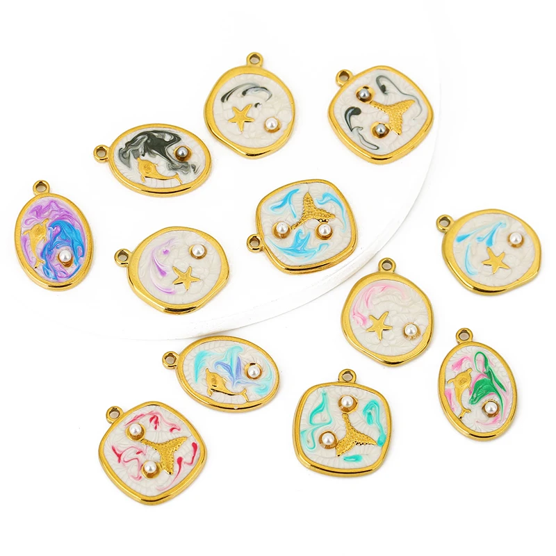 4 unids/lote de colgantes de acero inoxidable esmaltados serie océano pez estrella de mar para collar pulsera pendientes suministros de joyería Diy