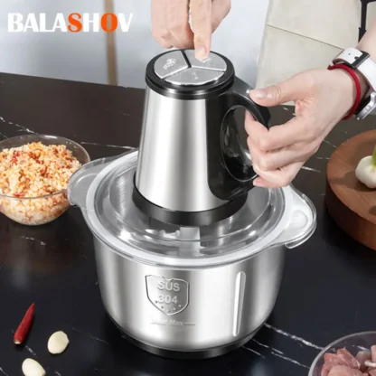 Picadora de carne eléctrica, picadora de acero inoxidable, procesador de alimentos de 5L, licuadora de barro y ajo, utensilios de cocina de gran capacidad