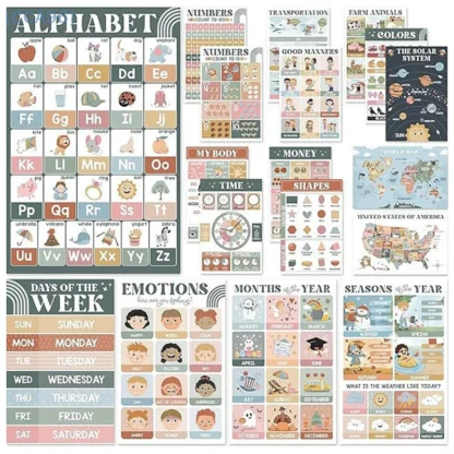 18 carteles educativos bohemios modernos para niños en edad preescolar, gráficos de carteles laminados de aprendizaje pre-k y jardín de infantes para niños pequeños