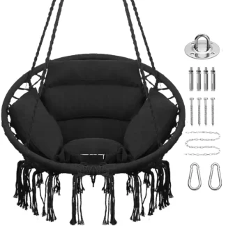 Silla Hammo con kit de herrajes para colgar y cojines Ba, columpios bohemios de macramé para interior, exterior, dormitorio, patio (negro)