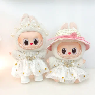 Ropa Labubu para Mini muñeco de peluche de 15-17CM, vestido de gasa de princesa, falda de estrella brillante, tocado de collar, sombrero de paja, regalo de 3 unidades por paquete