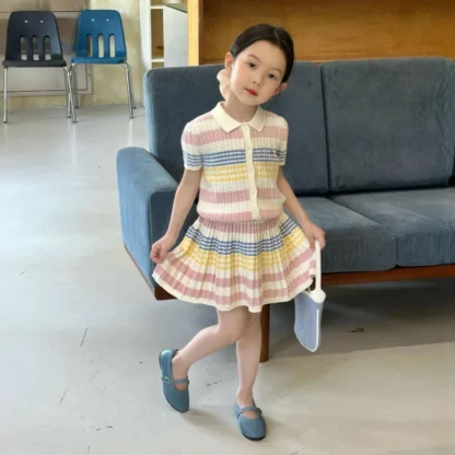 Traje para niñas 2025, novedad de verano, ropa para niños, estilo coreano, falda cárdigan de Color a rayas para niñas, dos conjuntos informales para uso diario