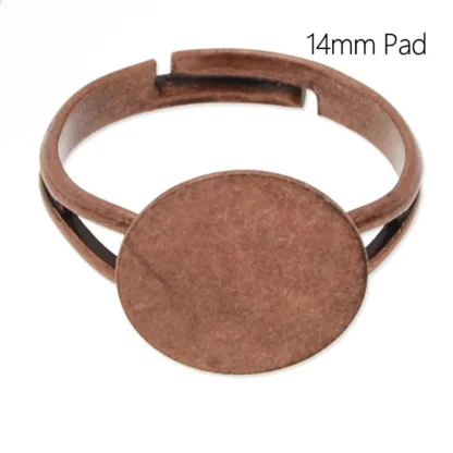 20 piezas Base en blanco de anillo ajustable chapada en cobre antiguo con almohadilla en blanco de 14mm, ajustes de anillo en blanco para fabricación de joyas-C4670