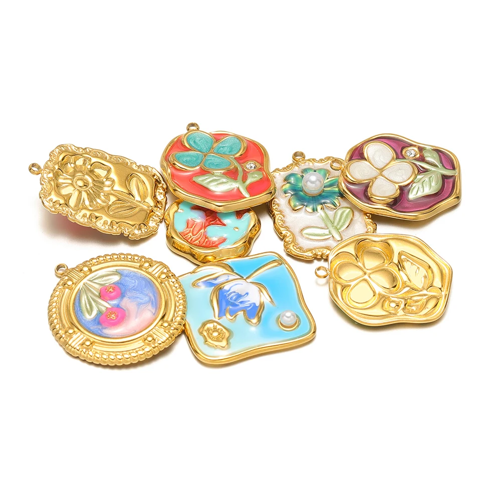 4 Uds. De colgantes de perlas de flores esmaltadas de acero inoxidable, dijes geométricos para hacer joyería exquisita DIY, suministros para collar y pendientes