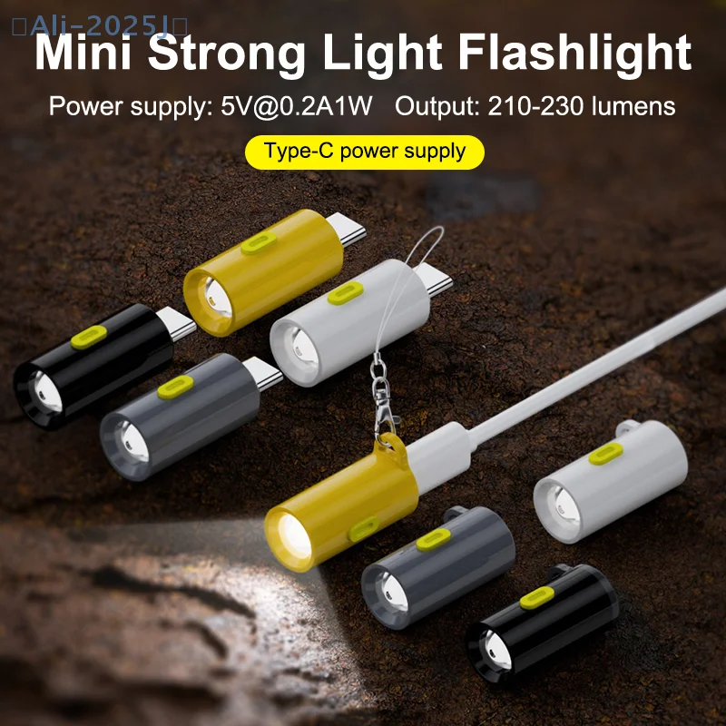 Mini linterna LED con luz fuerte, llavero de bolsillo, linterna alimentada por conectores tipo C, Mini linterna para acampar y senderismo al aire libre