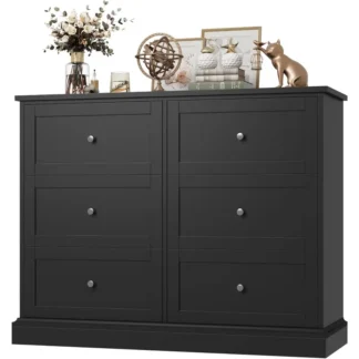 FOTOSOK Cómoda negra, cómoda de 6 cajones negra, cómoda doble moderna con cajones profundos, gabinete organizador de almacenamiento amplio para sala de estar