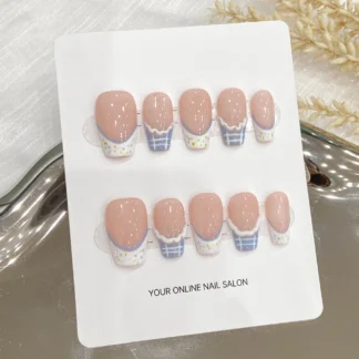 Uñas postizas hechas a mano para mujer, manicura con diseño de cuadros franceses, decoración de uñas, prensa coreana, 10 piezas