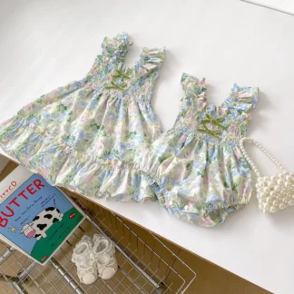 INS verano hermanas niñas vestido con volantes niña bebé Bowknot manga voladora flor envuelto ropa de pedo Creeper