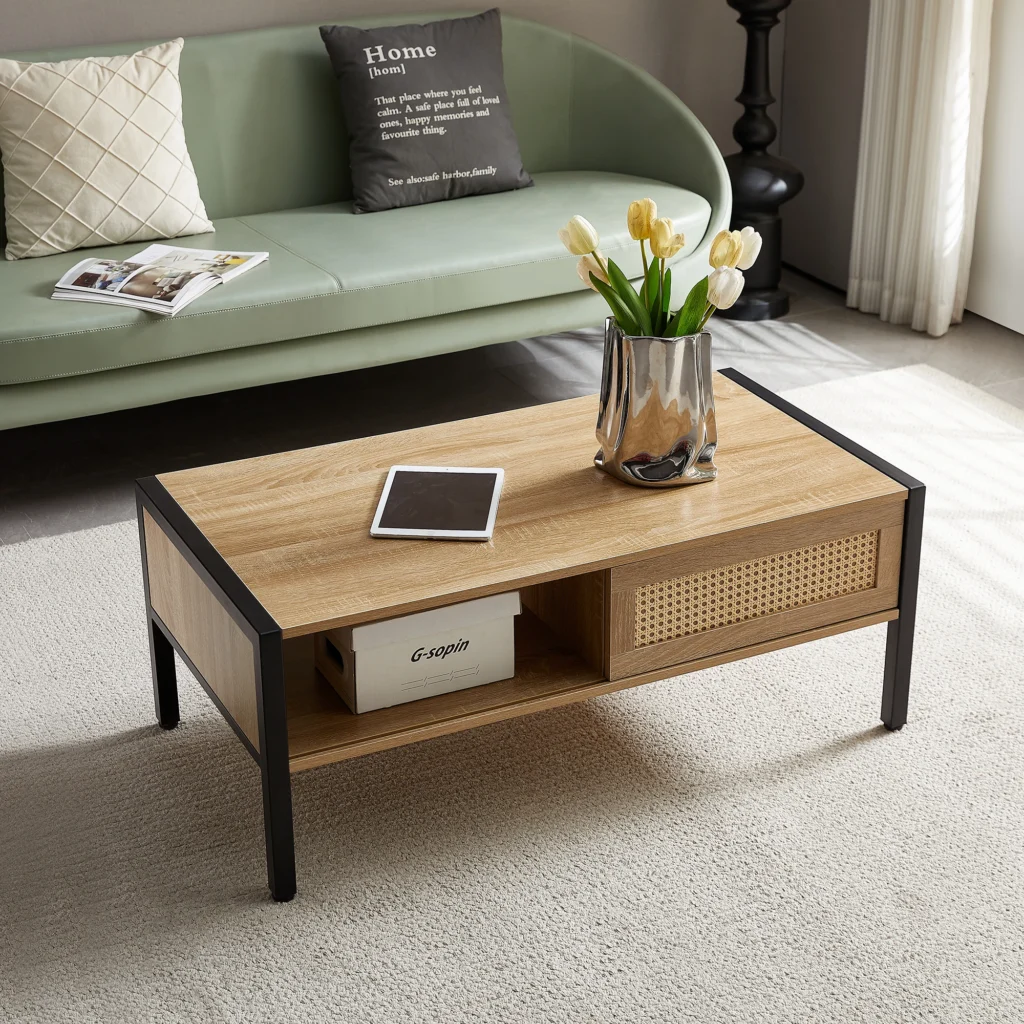 Mesa de centro de ratán, puerta corredera para almacenamiento, patas de metal, mesa moderna para salón