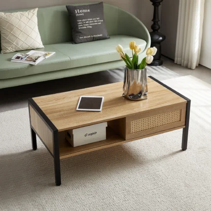 Mesa de centro de ratán, puerta corredera para almacenamiento, patas de metal, mesa moderna para salón