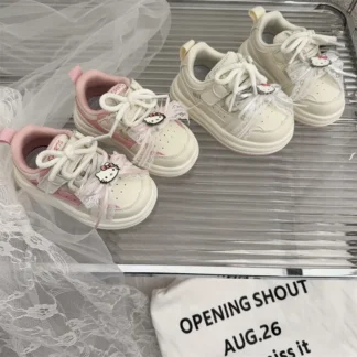 Zapatos informales para niños Frenum Hello Kitty, zapatillas de correr de cuero PU para primavera, antideslizantes, transpirables, blanco, rosa, talla 16-26