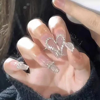 24 uñas largas con forma de corazón francés con 1 pegamento de gelatina y 1 lima de uñas