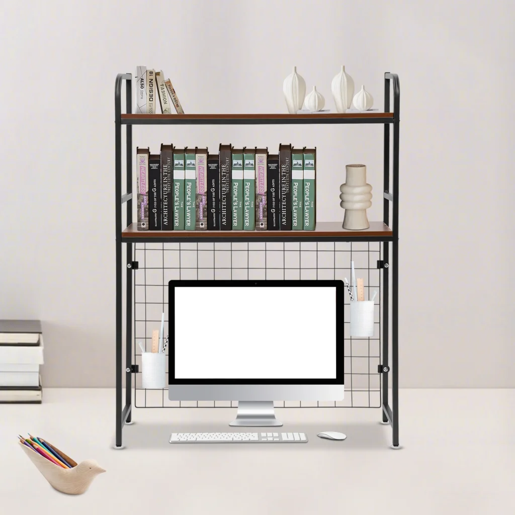 Estante de mesa ajustable de 2 niveles negro con diseño de rejilla, organizador rectangular moderno para oficina, sala de estar, dormitorio y dormitorio