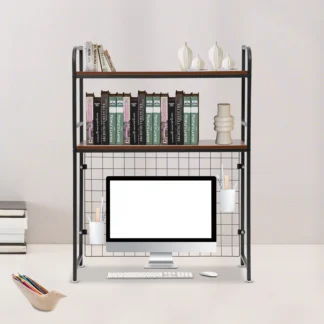 Estante de mesa ajustable de 2 niveles negro con diseño de rejilla, organizador rectangular moderno para oficina, sala de estar, dormitorio y dormitorio