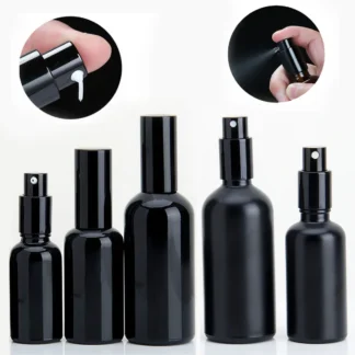 Botella de Spray de aceite esencial, atomizador de Perfume de niebla fina negra, botellas de vidrio rellenables, botella vacía para champú a granel, 15ml, 30ml, 100ml