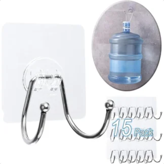 Paquete de 15 ganchos de pared adhesivos dobles grandes, resistentes al agua, 33 Ib Max, resistentes, ganchos de utilidad adhesivos transparentes sin costuras