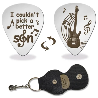 Púas de guitarra de acero inoxidable 201 con láser de doble cara con soporte de púas de guitarra de cuero PU negro accesorios de guitarra de púa