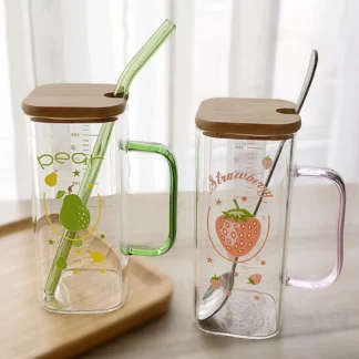 Juego de vasos de vidrio de 350ML, vasos cuadrados de agua, resistentes al calor, para bebidas, zumo de leche, con tapa y pajita