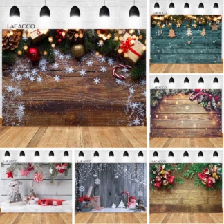 Telones de fondo de Navidad de ensueño, tablero de madera, pinos, copos de nieve, luces, bola, fondos de fotografía, fotófono de invierno para estudio fotográfico
